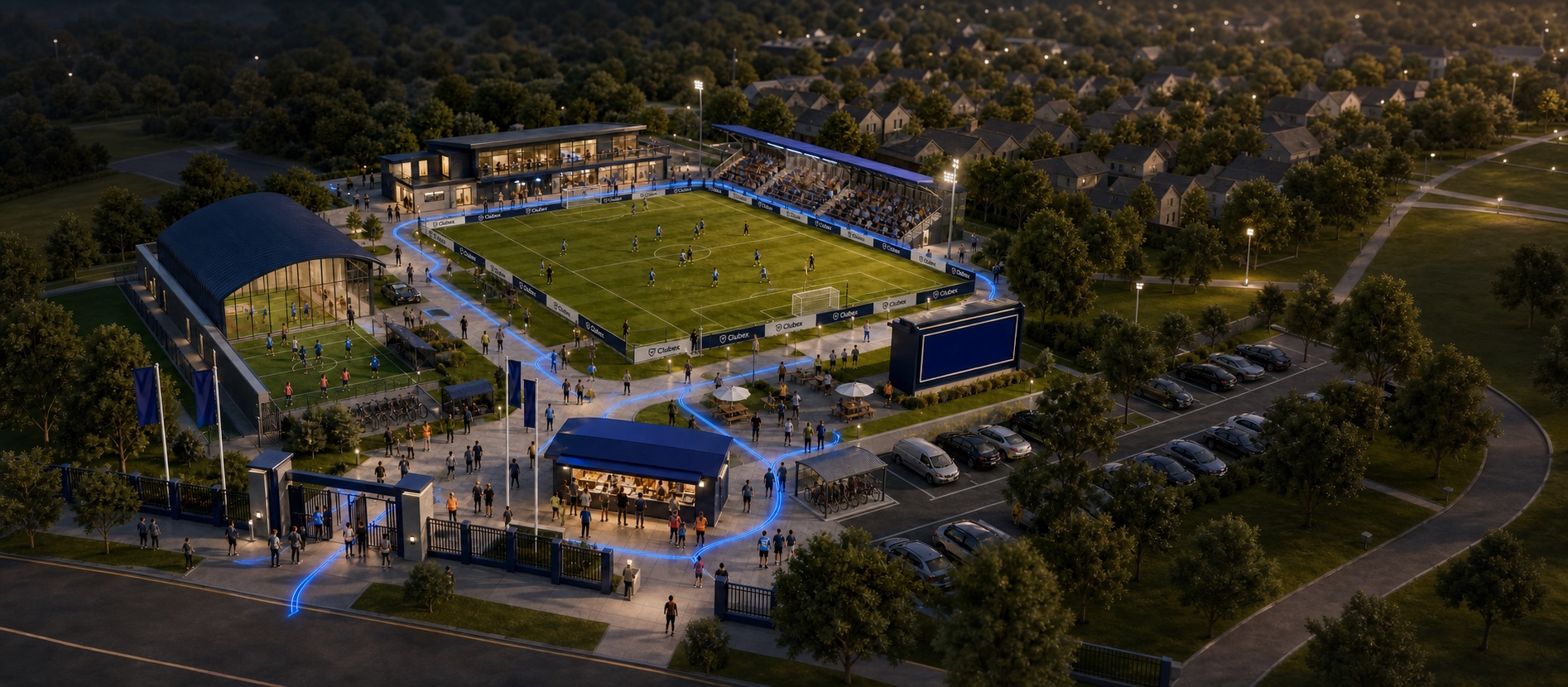 A connected multi-sport club campus with outdoor football and indoor court sports.