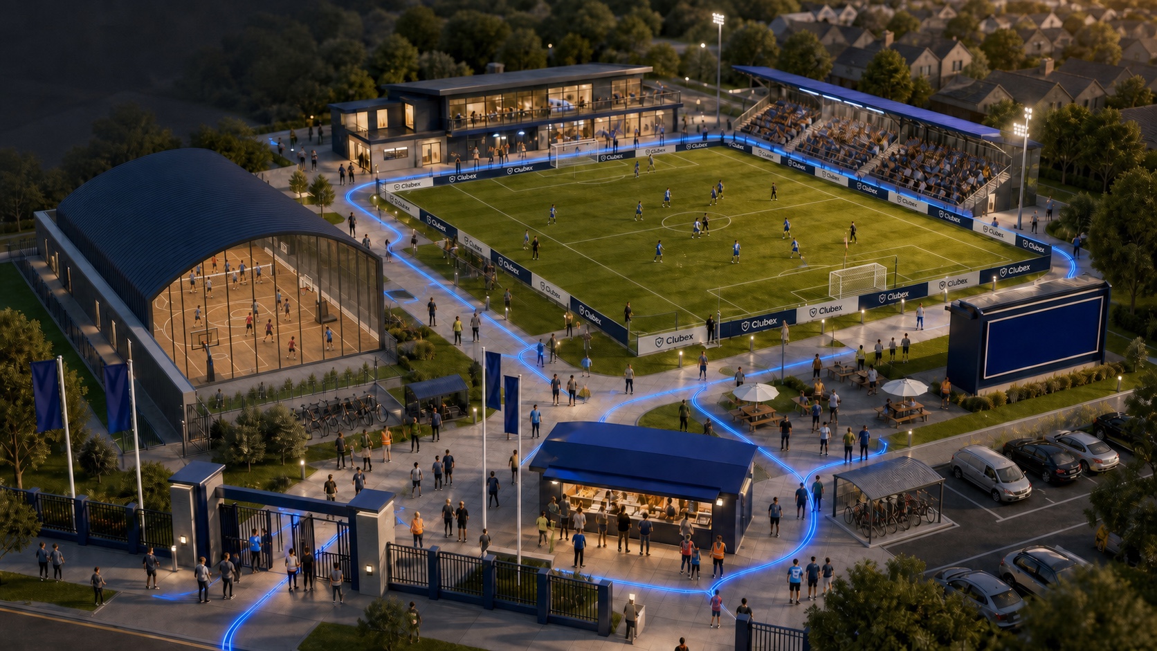 A connected multi-sport club campus with outdoor football and indoor court sports.